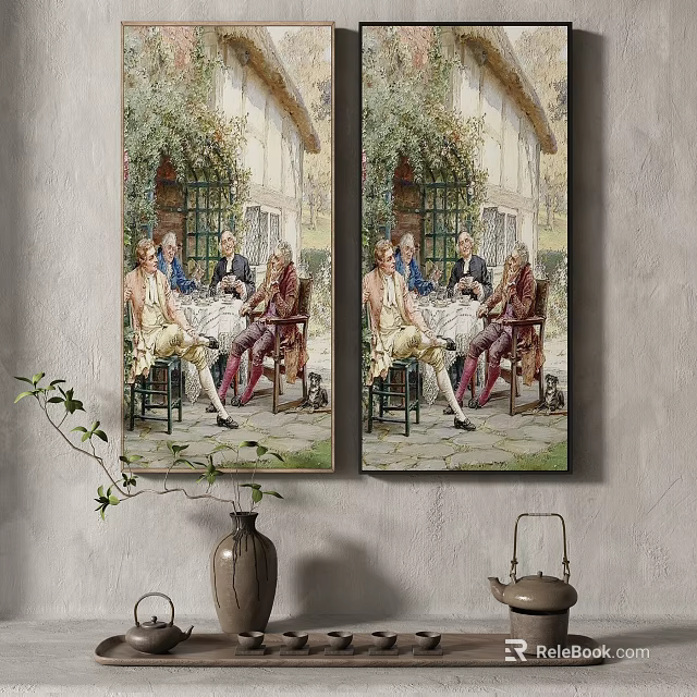 Double Panel Figure Paintings Depicting Men Sitting Around Table by Vine Covered Windows 3d model