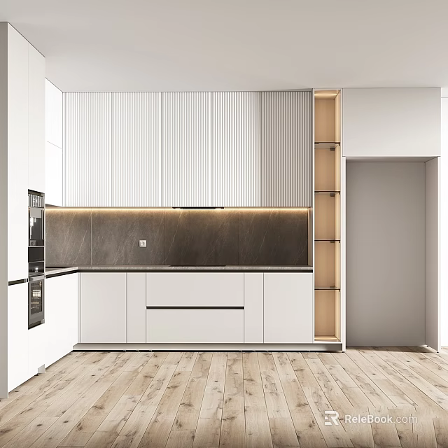 Modern Kitchen Interior With White Vertical Panel Cabinets And Black Countertop 3d model 