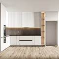 Modern Kitchen Interior With White Vertical Panel Cabinets And Black Countertop