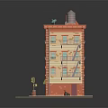 Vintage Multi Story Building With Orange Exterior Fire Escape Storefront And Street Lamp