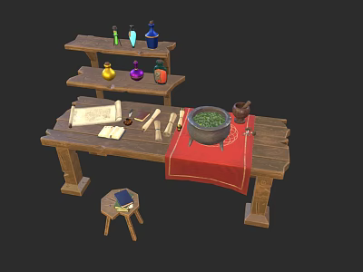 Rustic Wooden Workbench With Scroll Tools Cauldron Small Stool And Three Tier Shelf 3d model