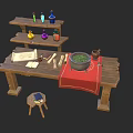 Rustic Wooden Workbench With Scroll Tools Cauldron Small Stool And Three Tier Shelf