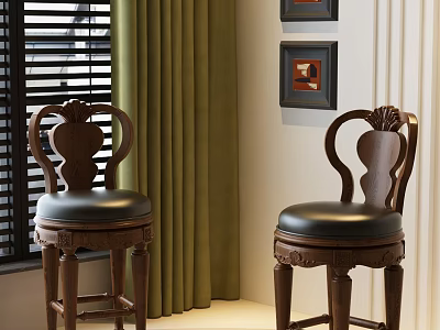 Elegant Wooden Bar Stools With Carved Design And Black Leather Seats Near Green Curtains 3d model