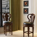 Elegant Wooden Bar Stools With Carved Design And Black Leather Seats Near Green Curtains