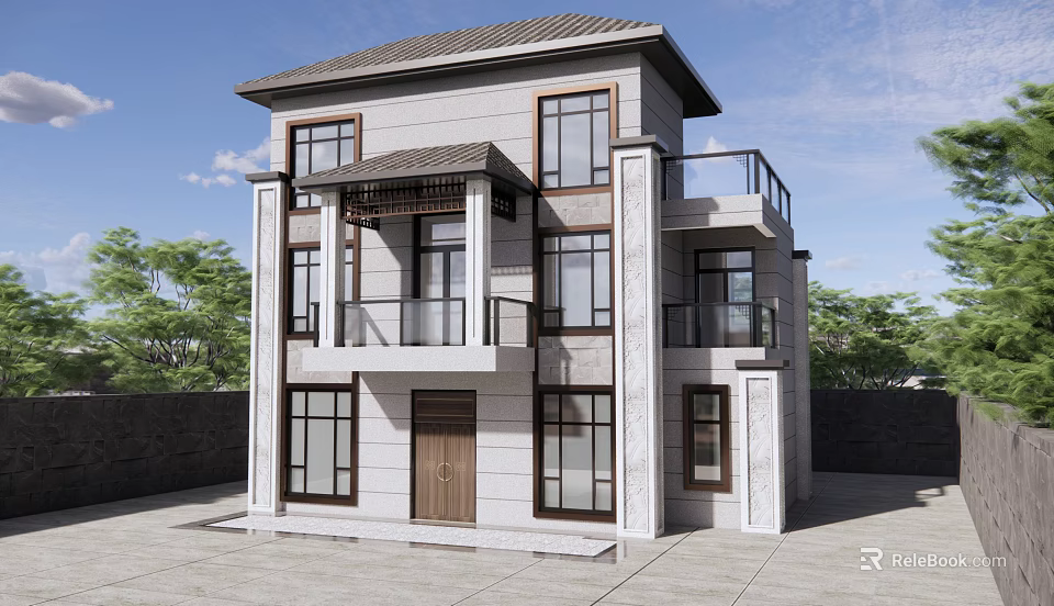Two Story Detached Villa Exterior Design With Gray Walls Brown Windows And Balcony 3d model 
