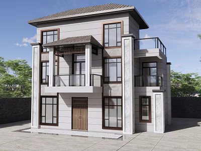 Two Story Detached Villa Exterior Design With Gray Walls Brown Windows And Balcony 3d model