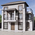 Two Story Detached Villa Exterior Design With Gray Walls Brown Windows And Balcony