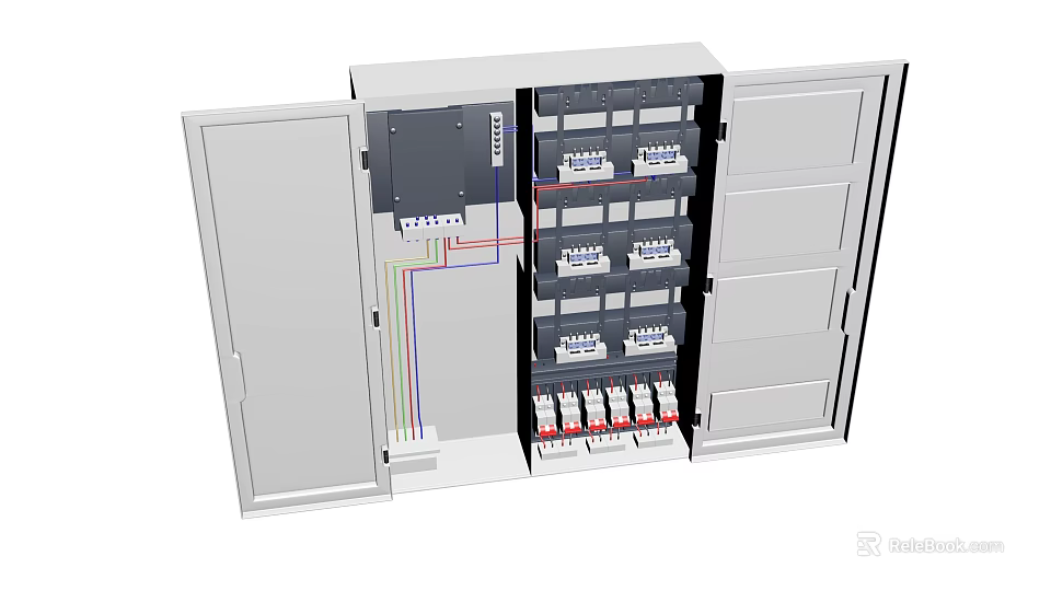 Electrical Distribution Box With Open Door Showing Circuit Breakers And Colored Wires 3d model 