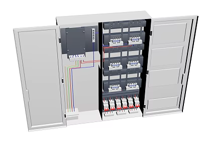 Electrical Distribution Box With Open Door Showing Circuit Breakers And Colored Wires 3d model