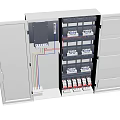 Electrical Distribution Box With Open Door Showing Circuit Breakers And Colored Wires