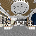 Modern Specialty Store Interior With Shelves Products Display Counters Wooden Decor And Round Chandeliers