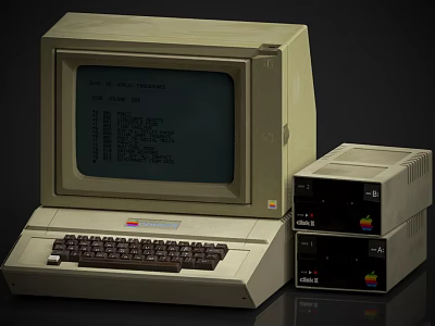 Vintage Retro Computer Setup With Monitor Keyboard External Disk Drives And Text On Screen 3d model