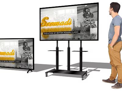 Man Standing in Front of Two TVs Displaying Scammell British Modern Classic Evolution 3d model