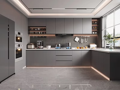 Modern Kitchen Interior Design With Gray Cabinets Countertop Appliances And Window Plants 3d model