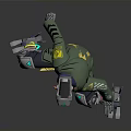 Cyberpunk Sci-Fi Character with Mechanical Helmet Antenna Green Jacket Robotic Legs Holding Weapon Action Pose
