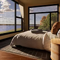 Sunlit Hotel Guest Room With Large Window River View Comfortable Bed And Modern Furniture