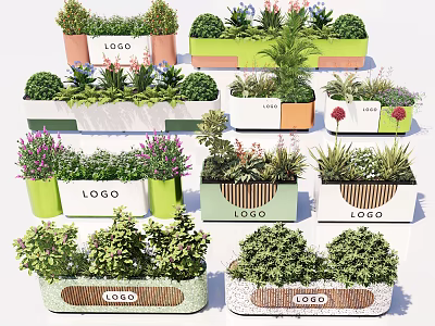Various Bonsai Planter Designs With Logo And Green Flowering Plants 3d model