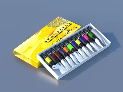 Colorful Watercolor Paint Set With Vibrant Pigment Tubes In Yellow Box 3d model