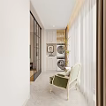 Modern Home Balcony With Green Armchair Coffee Table Tall Plant Brown Curtains And Marble Floor