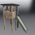 Guard Tower With Metal Stairs Blue Door Yellow Warning Sign And Concrete Walls