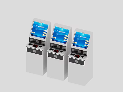 Three Self Service Information Kiosks With Blue Screens And Interactive Panels 3d model