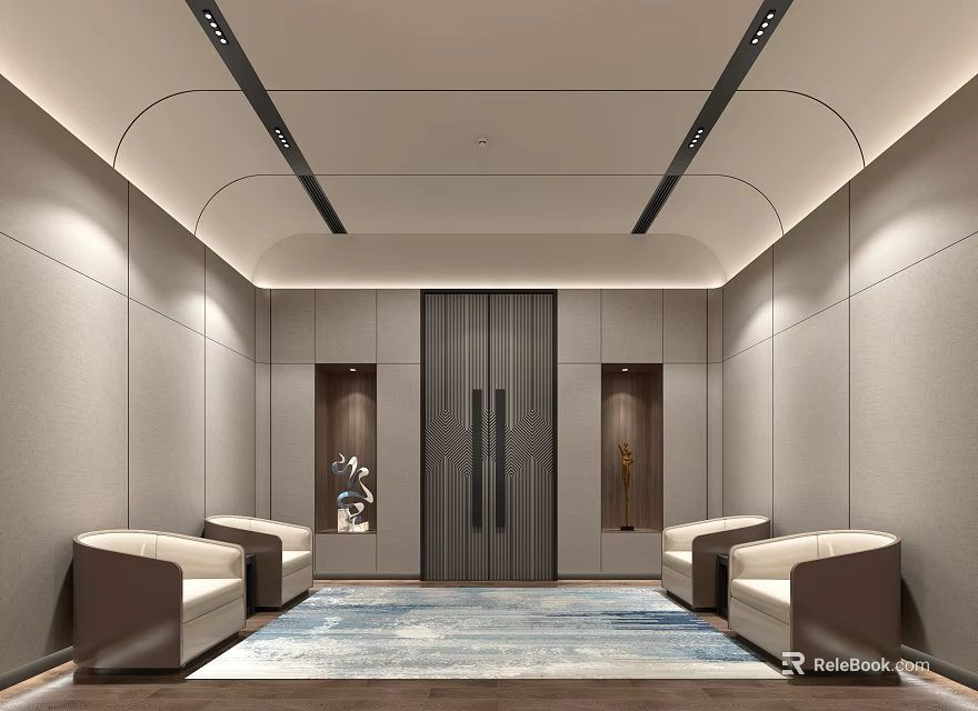 Modern Elegant Hotel Public Lounge Interior Design With Sofas Area Rug Decorative Paintings And Lighting 3d model 