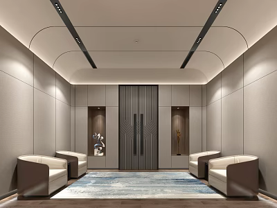 Modern Elegant Hotel Public Lounge Interior Design With Sofas Area Rug Decorative Paintings And Lighting 3d model
