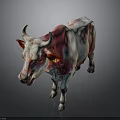 Pink and white cow with unique coloration standing against dark background