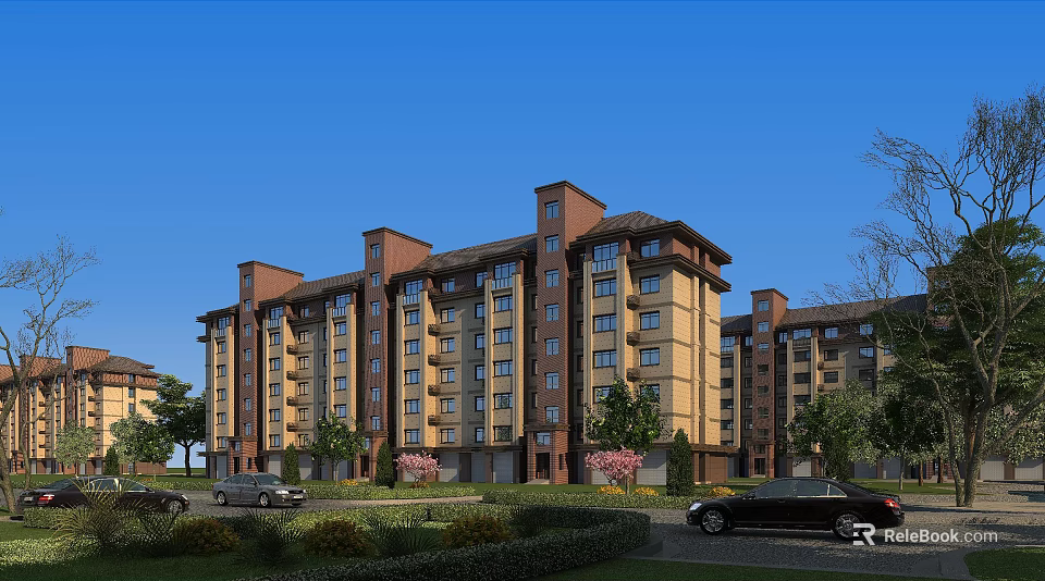 Multi Story Residential Building Exterior Design With Beige Brown Facade And Landscaped Gardens 3d model 