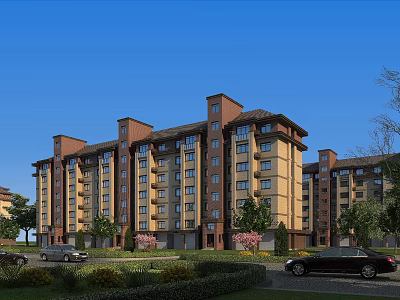 Multi Story Residential Building Exterior Design With Beige Brown Facade And Landscaped Gardens 3d model