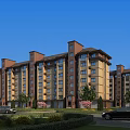 Multi Story Residential Building Exterior Design With Beige Brown Facade And Landscaped Gardens