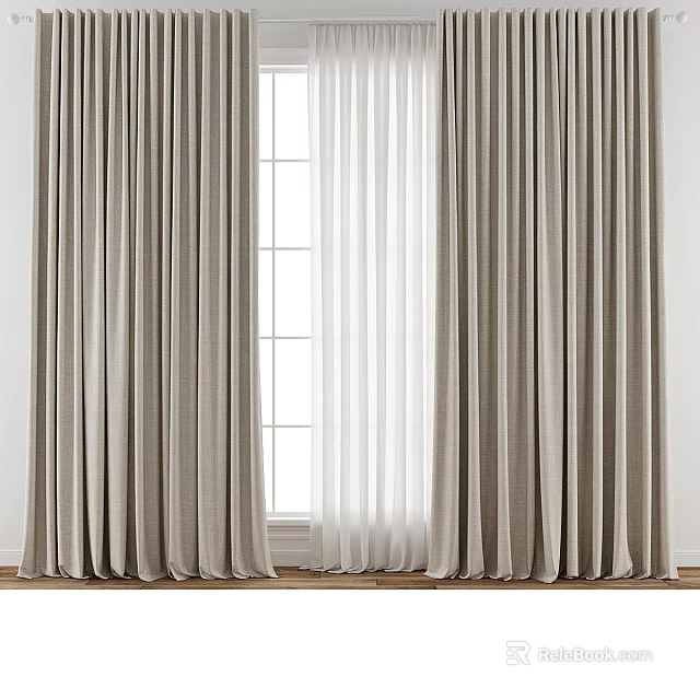 Beige Thick Curtains With White Sheer Panels For Home Interior Grid Window 3d model 
