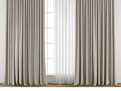 Beige Thick Curtains With White Sheer Panels For Home Interior Grid Window 3d model