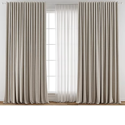 Beige Thick Curtains With White Sheer Panels For Home Interior Grid Window 3d model