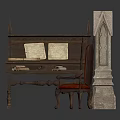 Antique Wooden Desk With Open Books And Carved Chair Near Stone Tablet