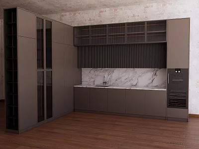 Stylish Gray Kitchen Cabinets With Marble Countertop Open Shelves Wooden Flooring And Textured Wall 3d model