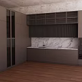 Stylish Gray Kitchen Cabinets With Marble Countertop Open Shelves Wooden Flooring And Textured Wall