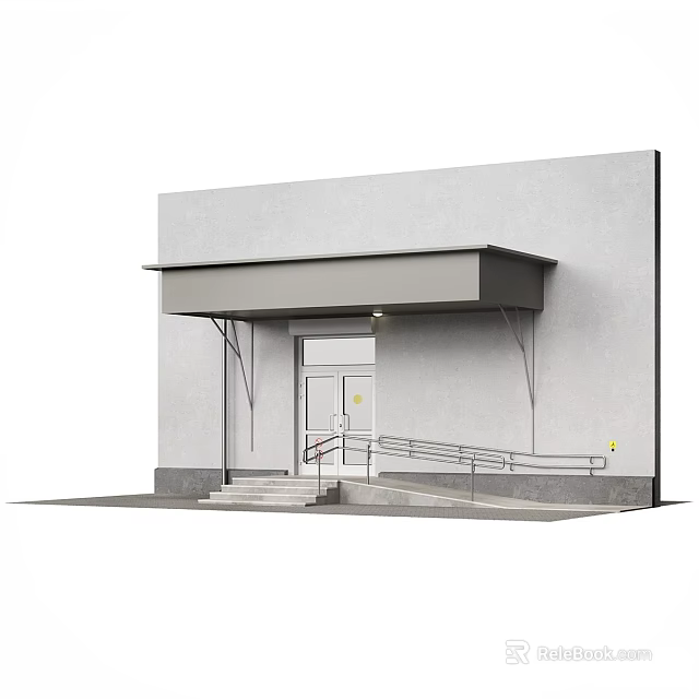 Modern Building Entrance With Awning Handrail Concrete Steps And Light Gray Wall 3d model 