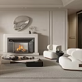 Elegant Living Room With Beige Sofas Fireplace Round Mirror Coffee Table And Black Dog Sculpture