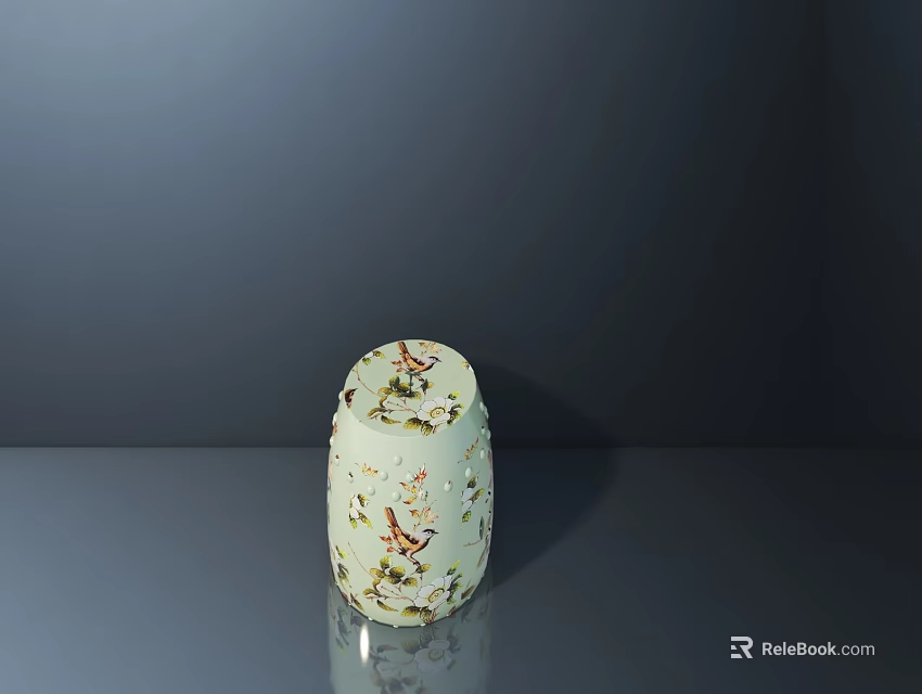 Light Green Ceramic Stool With Floral Pattern On Smooth Reflective Surface 3d model