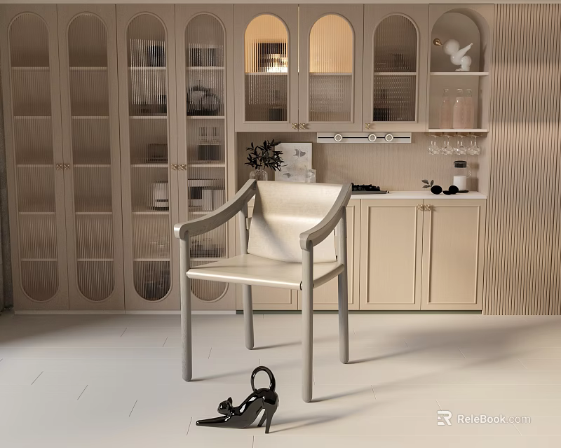 Elegant Modern Dining Chair In Light Colored Kitchen With Glass Front Cabinets 3d model 