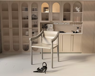 Elegant Modern Dining Chair In Light Colored Kitchen With Glass Front Cabinets 3d model
