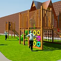 Wooden Playground Equipment With Triangular Roof Slide Climbing Net Colorful Dots On Green Grass