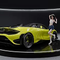Yellow Modern Convertible Sports Car Showcased On Circular Platform With Sleek Design