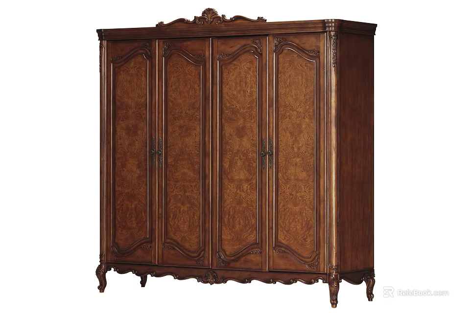 Classic Wooden Wardrobe with Four Door Ornate Carved Details Decorative Top and Elegant Carved Legs 3d model 