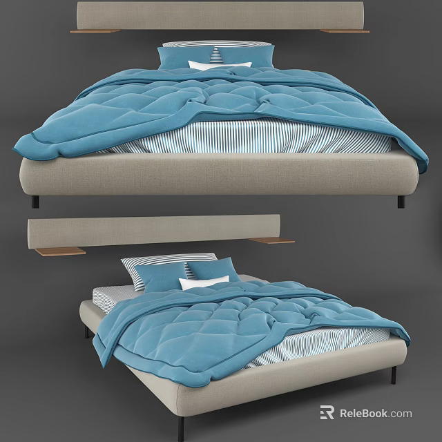 Double Bed with Blue Quilt Striped Bed Sheet Light Gray Mattress and Pillows 3d model 
