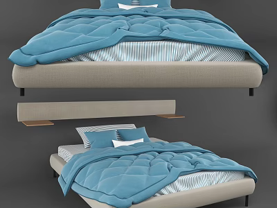 Double Bed with Blue Quilt Striped Bed Sheet Light Gray Mattress and Pillows 3d model