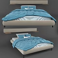 Double Bed with Blue Quilt Striped Bed Sheet Light Gray Mattress and Pillows