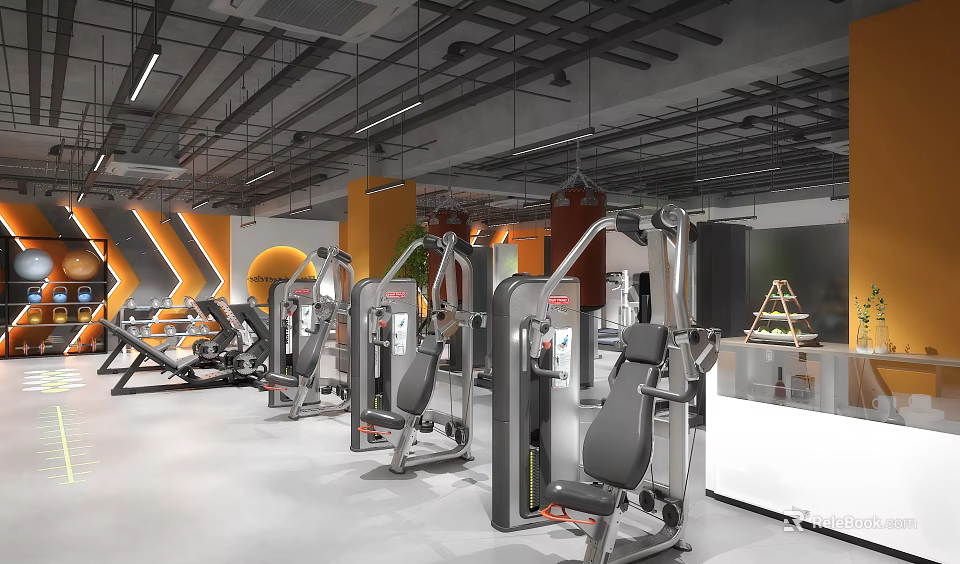 Modern Gym With Fitness Equipment And Industrial Interior 3d model 
