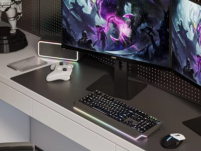 Gaming Entertainment Room Setup With Dual Monitors Gaming Screens Game Controller Keyboard And Mouse 3d model